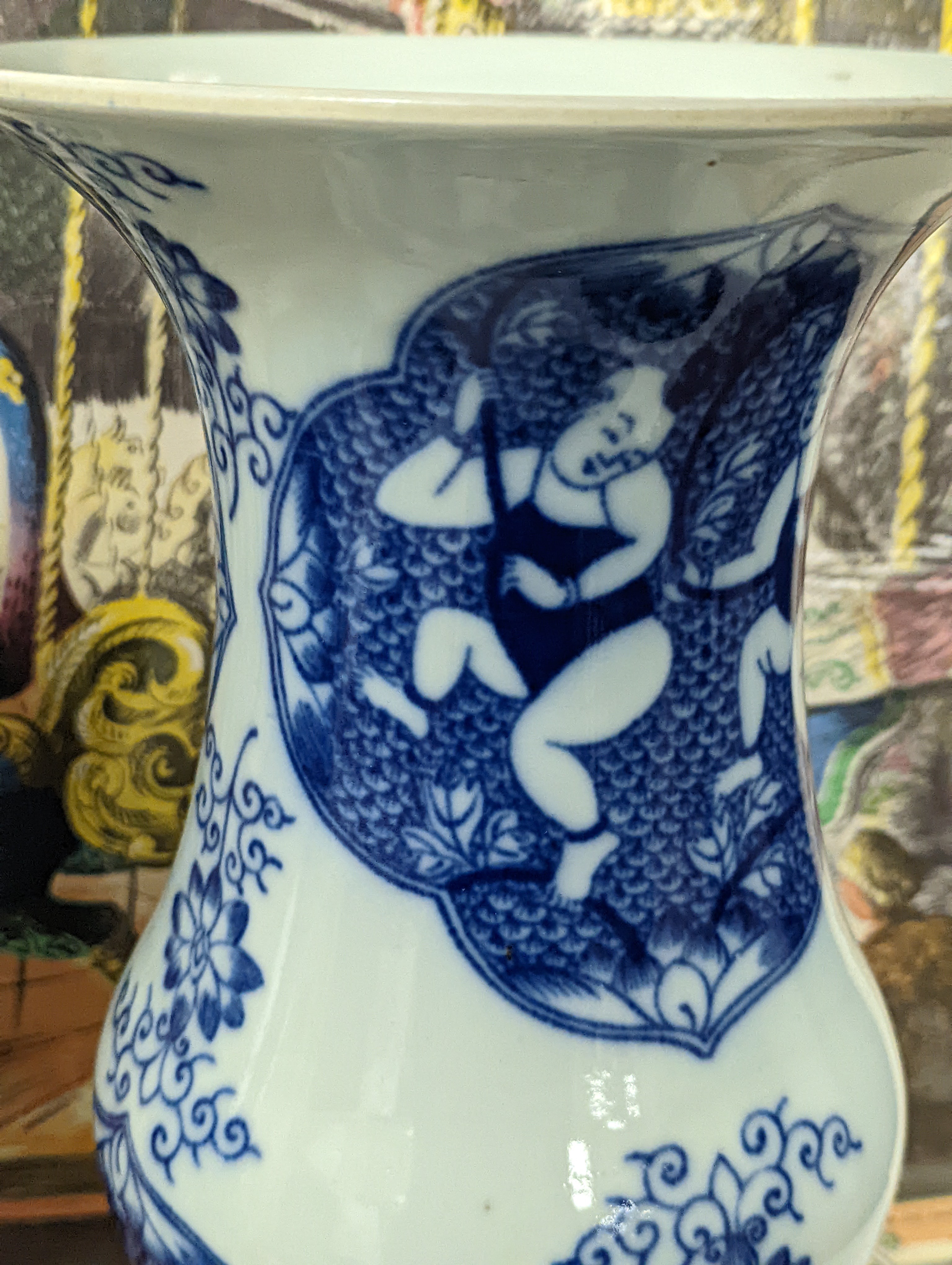 A pair of Chinese blue and white vases on stands and 6 further wood stands. Vases 35cm